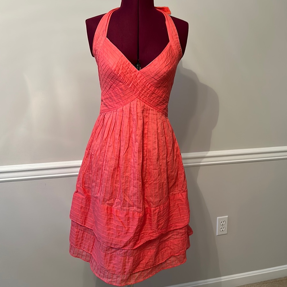 Cynthia Steffe Pintuck Tiered Halter Dress size 4 Coral